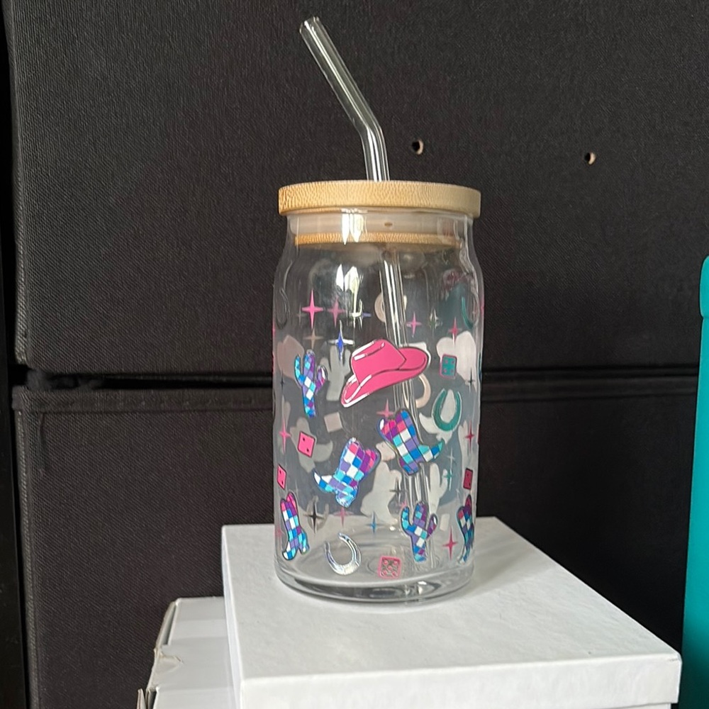 Marshalls Cowboy-Themed Glass Tumbler with Straw